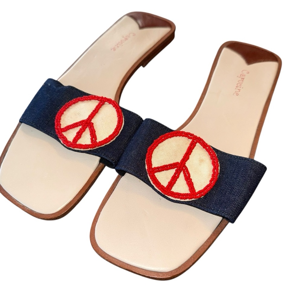 Capucine Slide Sandal Flat Peace Sign Denim Size 11 Never Worn Red Blue